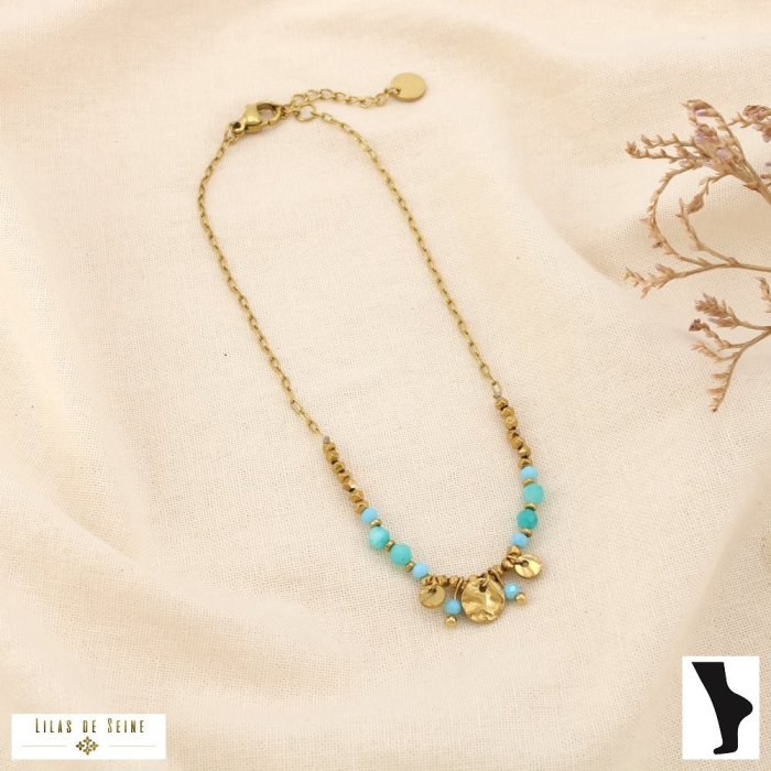 Chaine de cheville acier inoxydable pierre pampilles 0225238 bleu