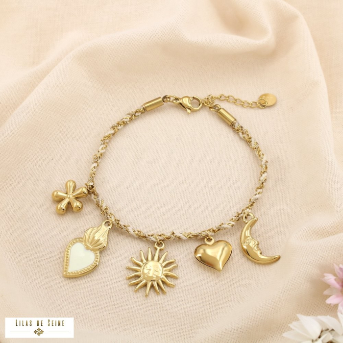 Bracelet cordon chaîne tressé breloque acier émail 0225218 naturel/beige