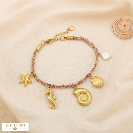 Bracelet marin cordon tressé charm acier nacre 0225219 fushia