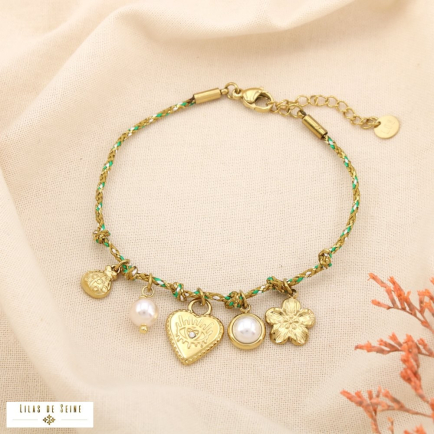 Bracelet cordon charm acier acrylique coeur floral 0225222 vert