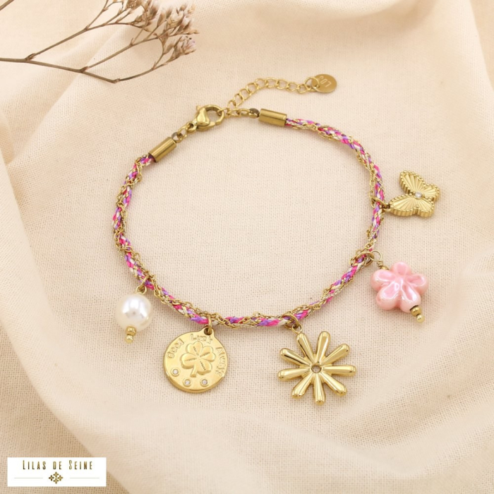 Bracelet cordon charm acier céramique acrylique 0225224 fushia
