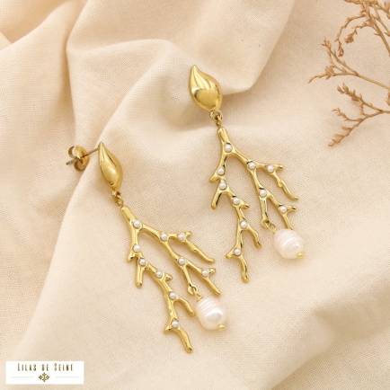 Boucles d'oreilles corail acier perles pierre 0325161 blanc