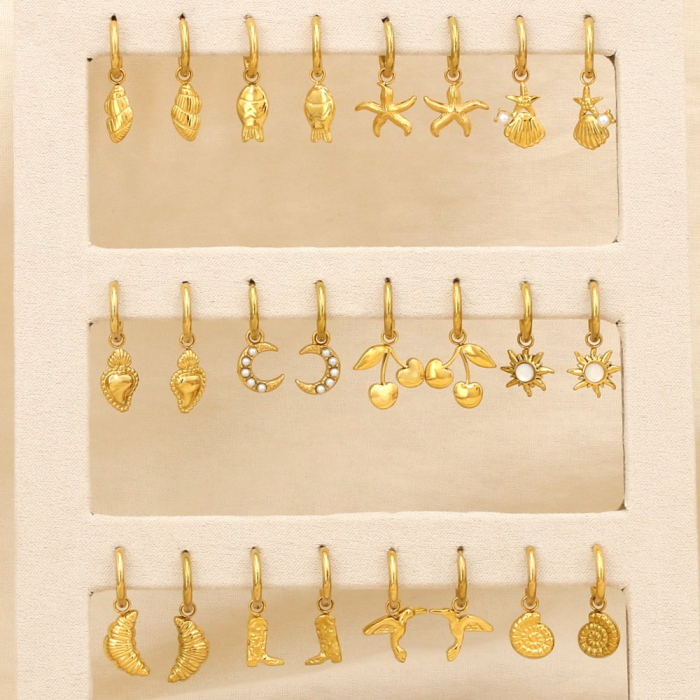 Ensemble 12 mini-créoles acier pendentif thème varié 0325180 doré