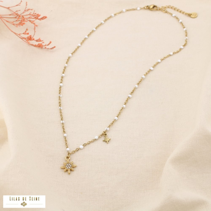 Collier étoile chapelet bille émaillée acier strass 0125138 blanc