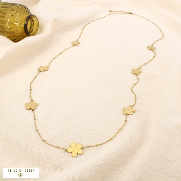 Collier sautoir fleurs billes acier inoxydable 0125119 doré
