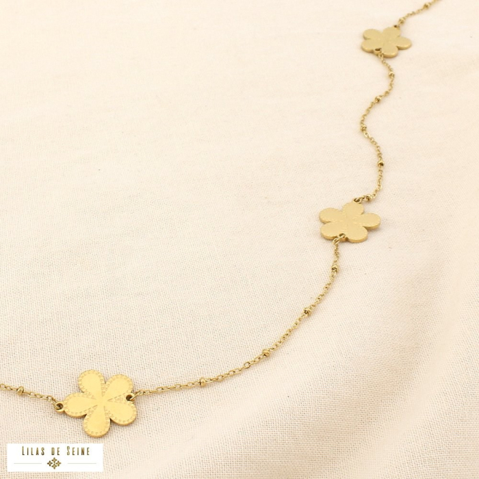 Collier sautoir fleurs billes acier inoxydable 0125119 doré