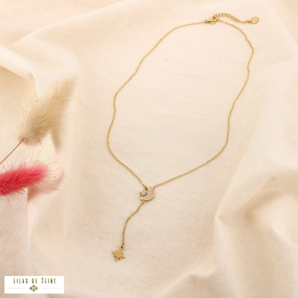 Collier forme Y lune étoile acier nacre strass 0125130 doré