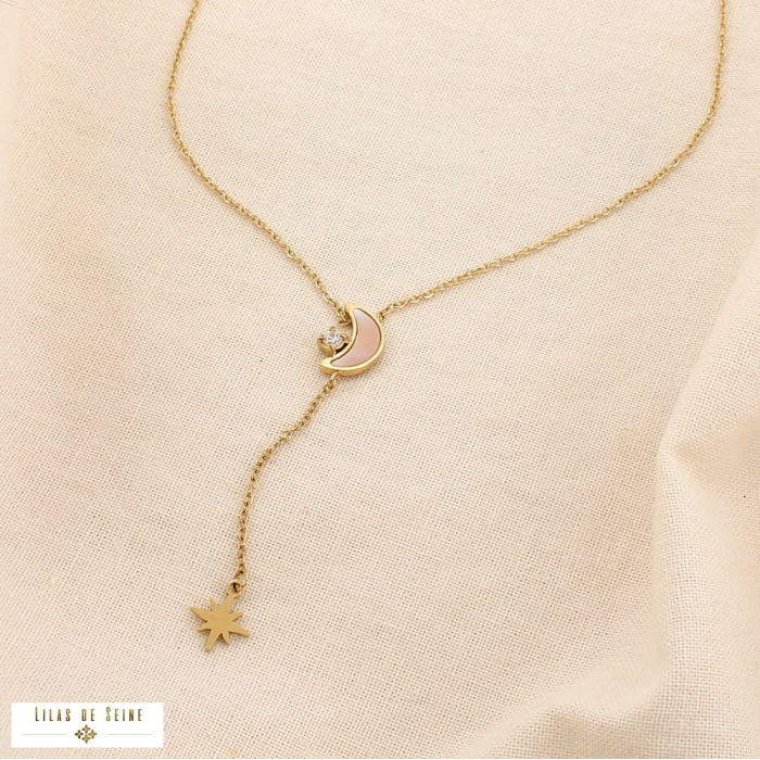 Collier forme Y lune étoile acier nacre strass 0125130 doré