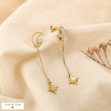 Boucles d’oreilles lune étoile acier nacre strass 0325110 doré