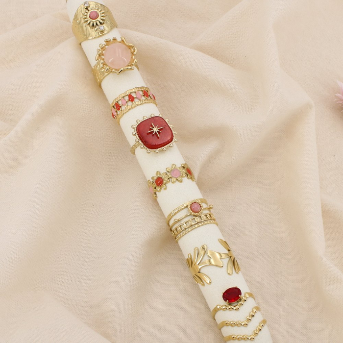 Ensemble 8 bagues acier inox fleur étoile feuille 0425108 rose