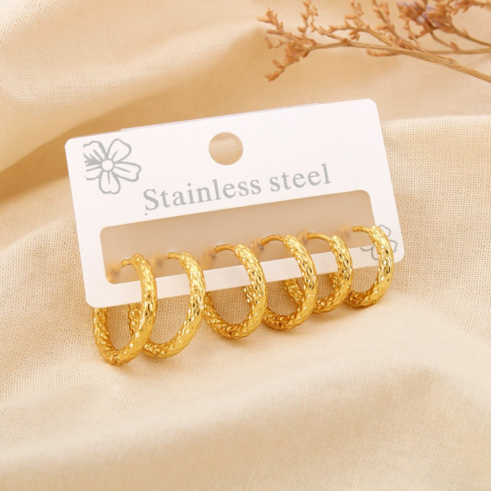 Trio boucles d'oreilles acier inox martelé créoles 0324620 doré