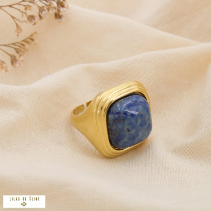 Bague réglable acier inoxydable cabochons pierre 0425109 bleu foncé