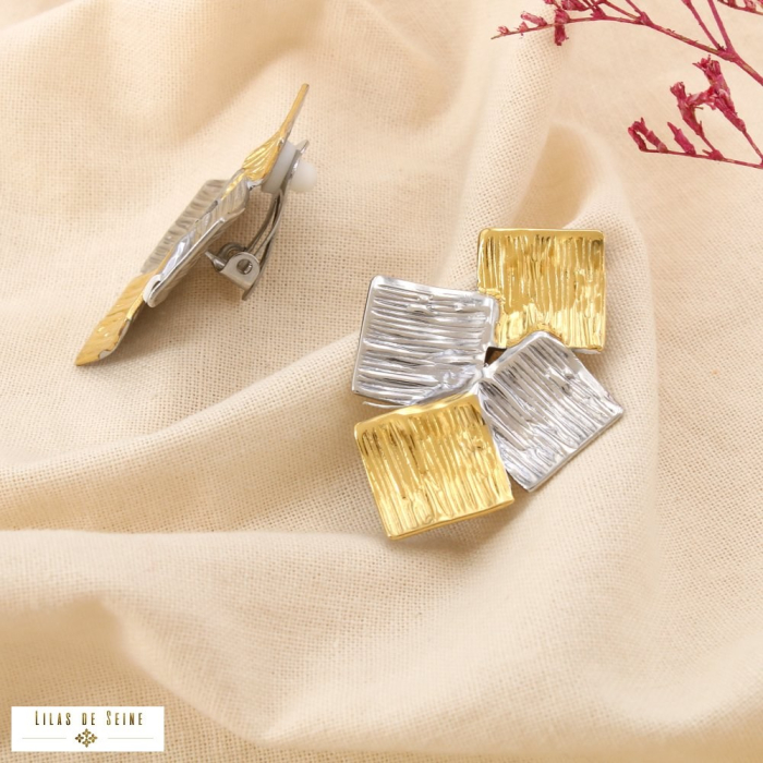 Boucles d’oreilles CLIP acier inox carré texturé 0325080 doré/argenté
