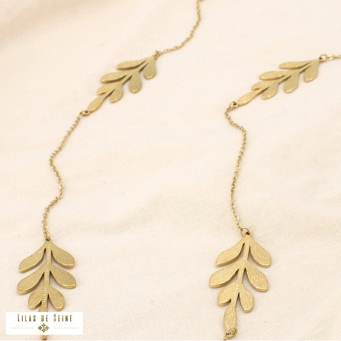Collier sautoir feuille acier inoxydable texturé 0125141 doré