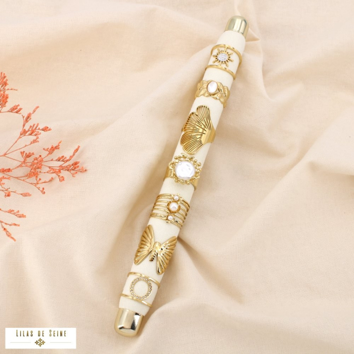 Ensemble 7 bagues nuance blanche acier nacre strass perle 0424544 doré
