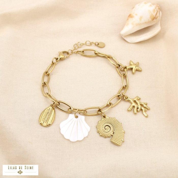 Bracelet acier inoxydable nacre marin coquillage 0225241 doré