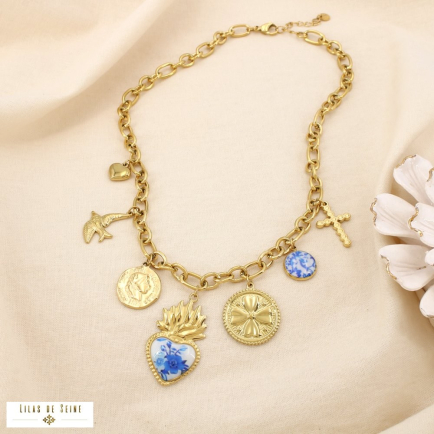 Collier charms baroque acier résine effet porcelaine 0125167 doré