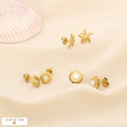 Set 3 boucles d'oreilles acier marguerite astérie 0325130 doré