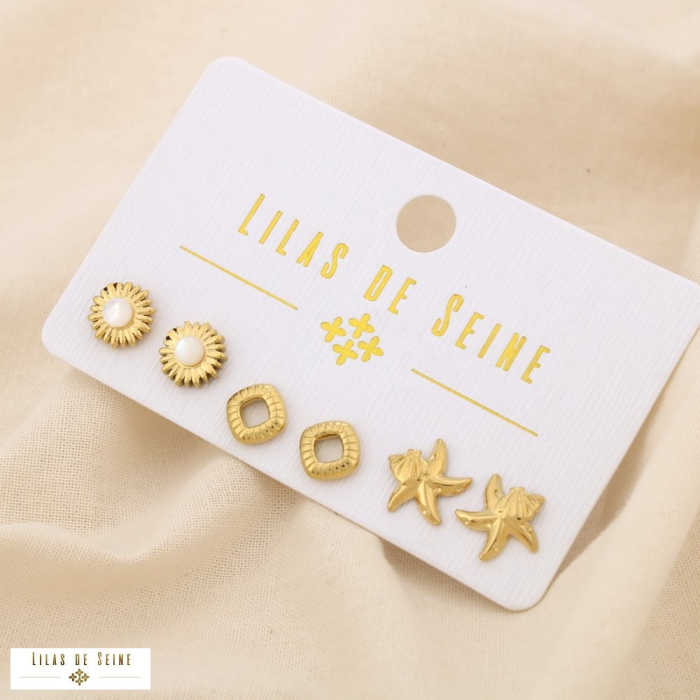 Set 3 boucles d'oreilles acier marguerite astérie 0325130 doré