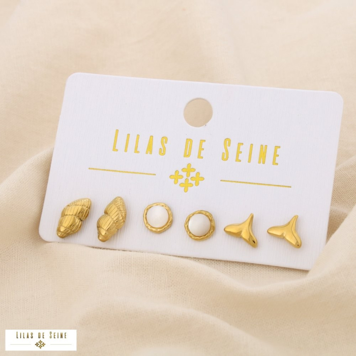 Ensemble 3 boucles d'oreilles marin acier nacre 0325132 doré