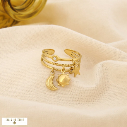 Bague acier multi rang breloque soleil étoile lune 0425091 doré