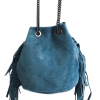 Sac bandoulière cuir véritable façon daim à franges 0917092 bleu jean