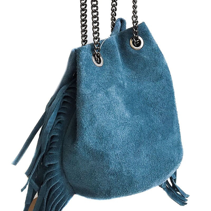 Sac bandoulière cuir véritable façon daim à franges 0917092 bleu jean
