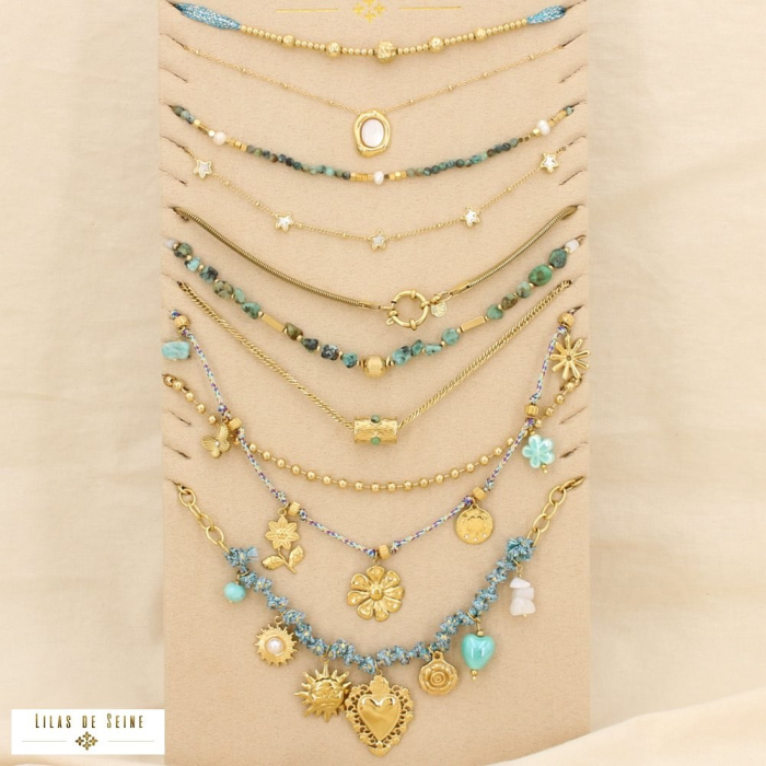 Ensemble 10 colliers acier pampilles nacre floral 0125181 bleu turquoise
