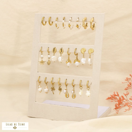 Ensemble 12 boucles d'oreilles acier acrylique nacre 0325200 blanc