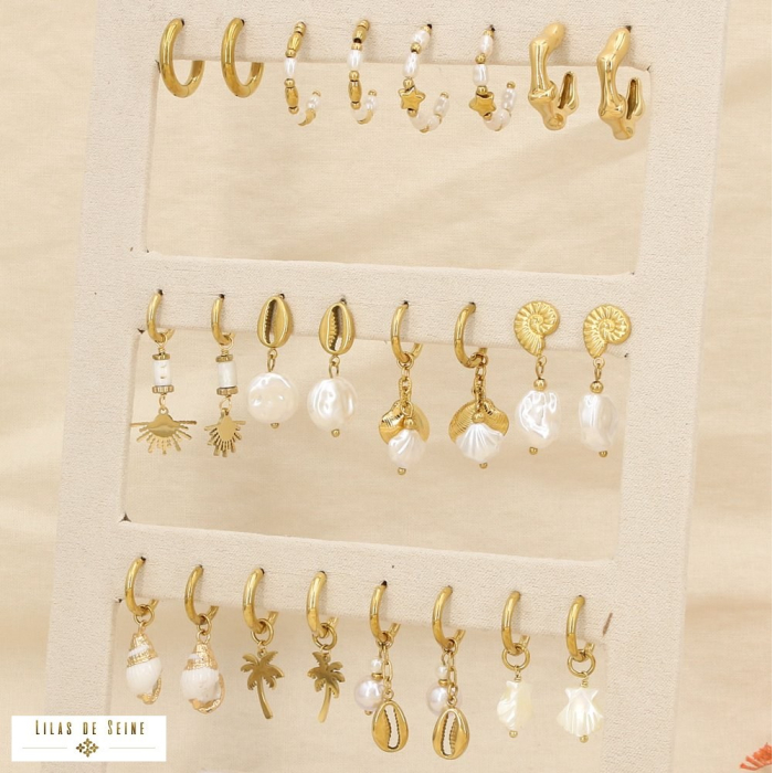 Ensemble 12 boucles d'oreilles acier acrylique nacre 0325200 blanc