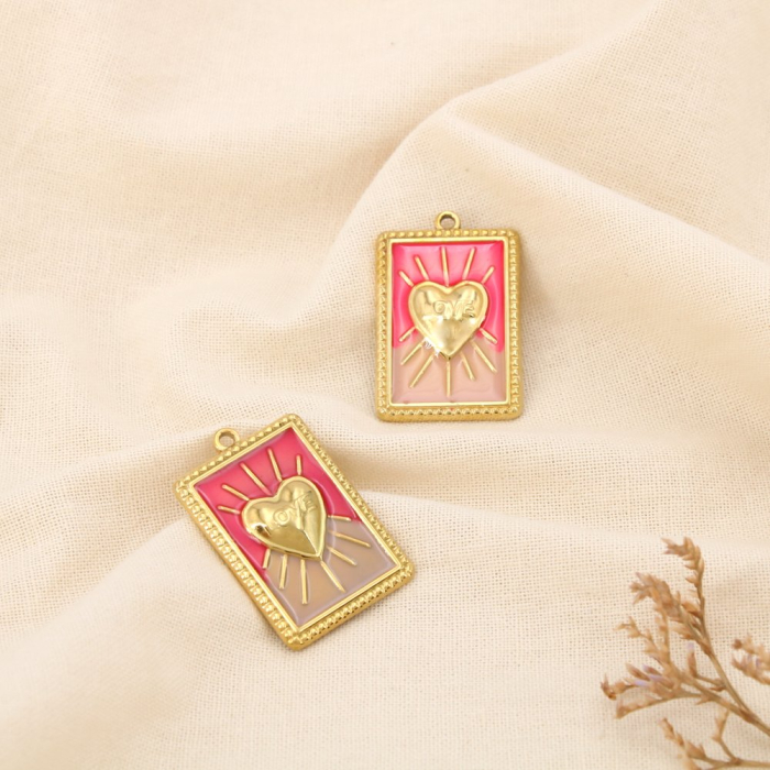 2 Pendentifs acier charm rectangle émail cœur LOVE 0625118 rose
