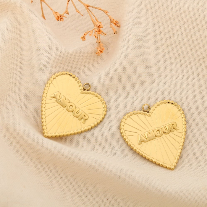 2 Pendentifs acier charm cœur AMOUR rayonnant 0625126 doré