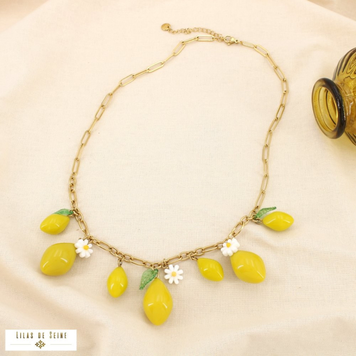 Collier Acier Breloques Citron Marguerite Feuille 0125059 jaune