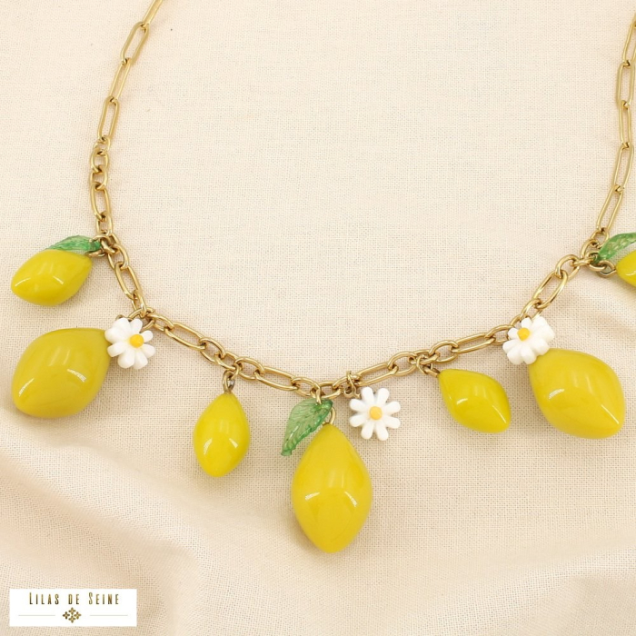 Collier Acier Breloques Citron Marguerite Feuille 0125059 jaune