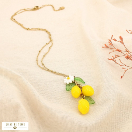 Collier acier pendentif citron marguerite feuille 0125187 jaune