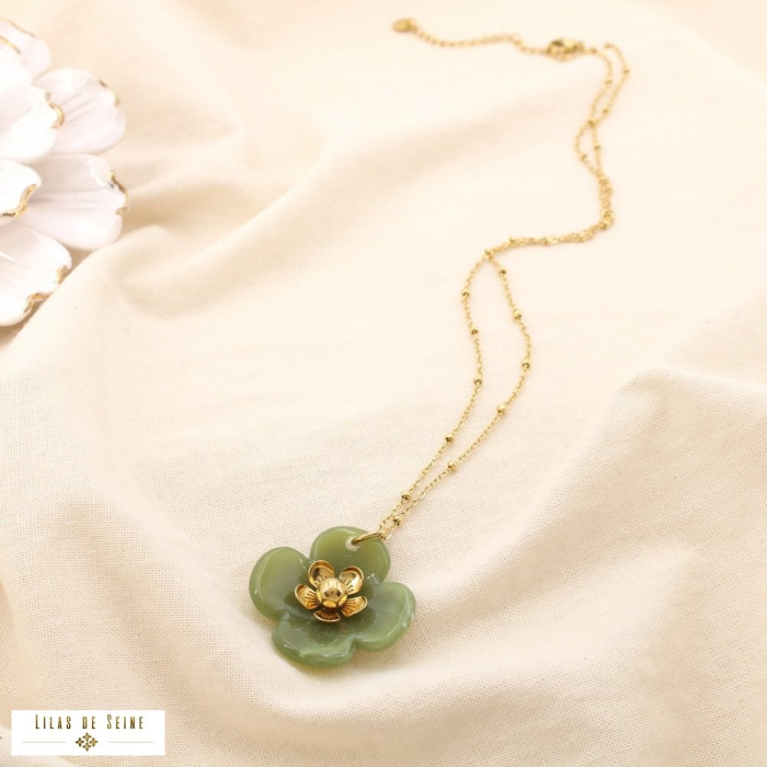 Collier acier inoxydable fleur résine marbrée 0125188 vert