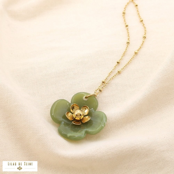 Collier acier inoxydable fleur résine marbrée 0125188 vert