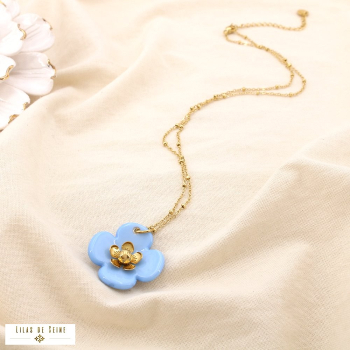 Collier acier inoxydable fleur résine marbrée 0125188 bleu