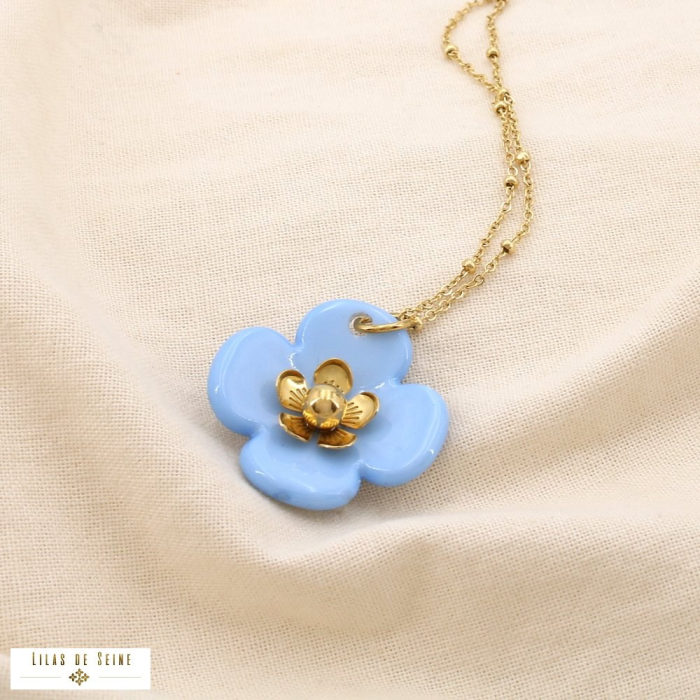 Collier acier inoxydable fleur résine marbrée 0125188 bleu