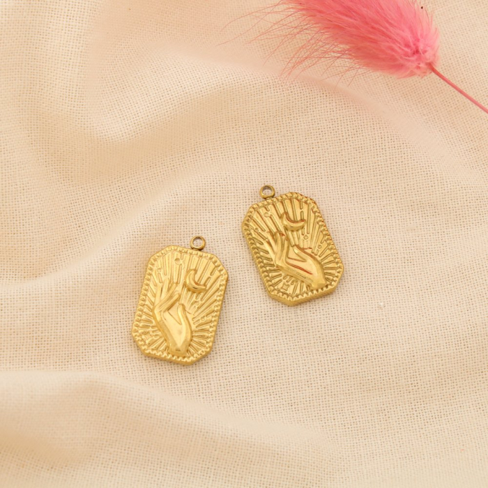 2 Pendentifs acier inox charm main lune rayonnant 0625130 doré
