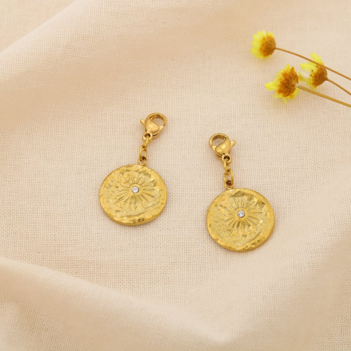 2 charms pendentifs soleil acier inoxydable strass 0625135 doré