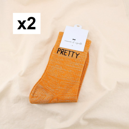 2 paires chaussettes à paillettes message PRETTY 0625080 orange