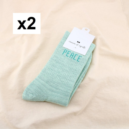 2 paires chaussettes à paillettes message PEACE 0625081 vert aqua