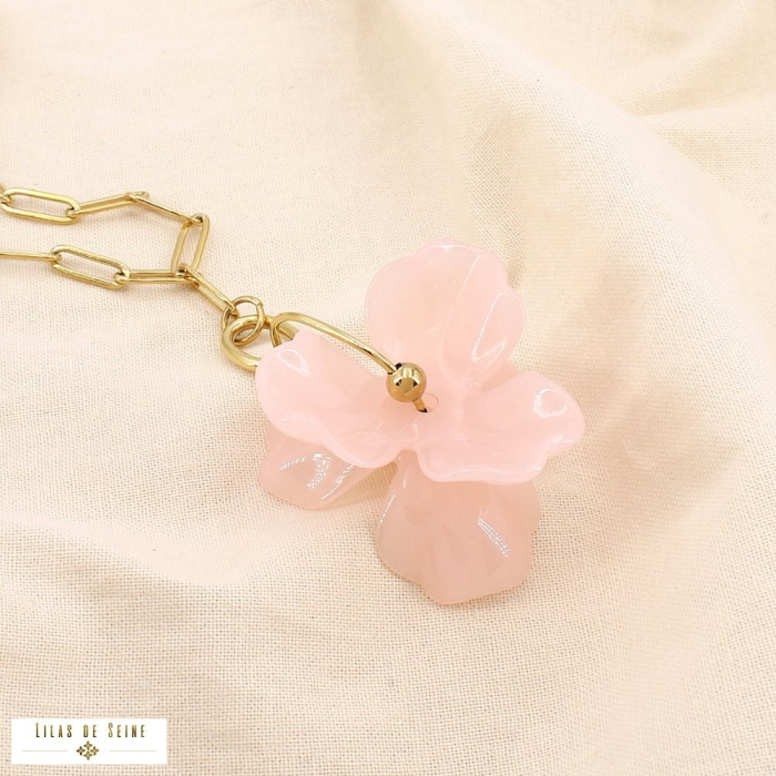 Collier fleur acier inoxydable résine marbrée 0125193 rose