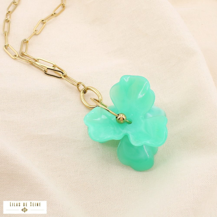 Collier fleur acier inoxydable résine marbrée 0125193 vert aqua