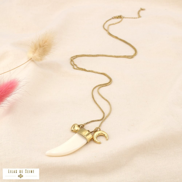 Collier acier inoxydable résine corne lune coeur 0125190 blanc