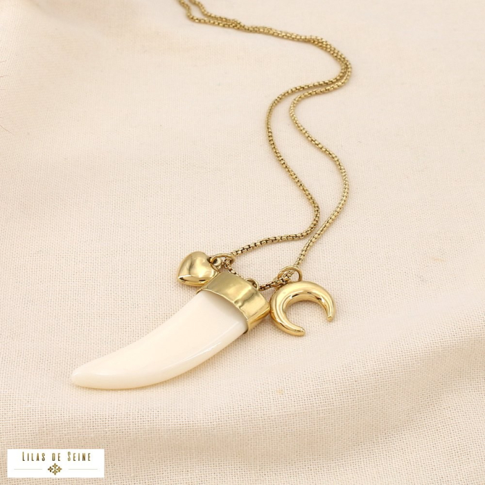 Collier acier inoxydable résine corne lune coeur 0125190 blanc