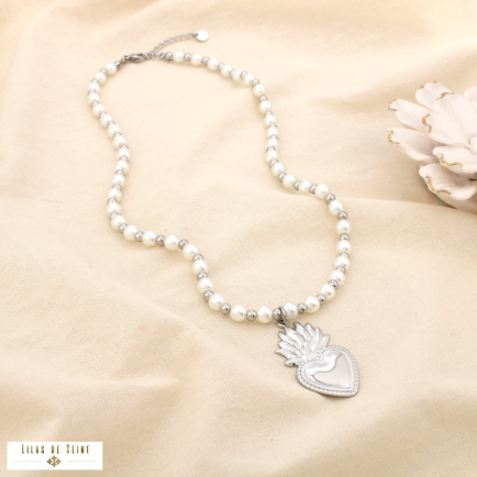 Collier acier inoxydable cœur sacré perle acrylique 0125189 argenté
