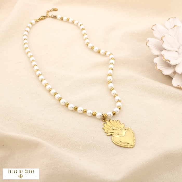Collier acier inoxydable cœur sacré perle acrylique 0125189 doré