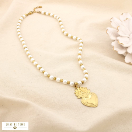 Collier acier inoxydable cœur sacré perle acrylique 0125189 doré